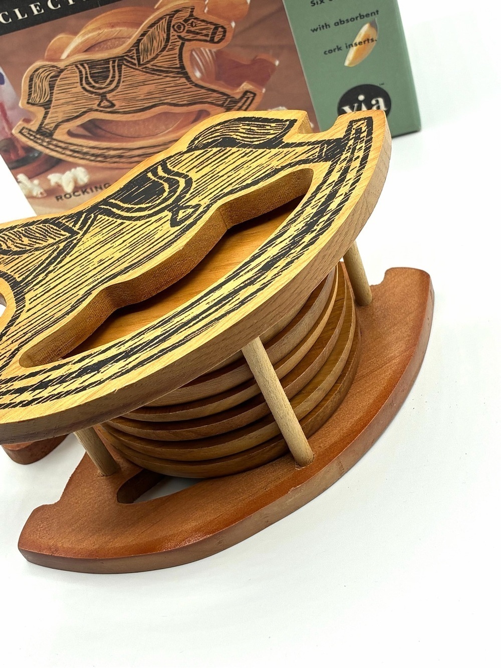 Vintage Via Eclectic Kitchen Rocking Horse Wood Coaster Set Cork 6pc - Picture 6 of 15